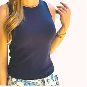 Audrey & Grace Navy Blue Shell Tank Simple Sleeveless Classic Satin Trim Size L
